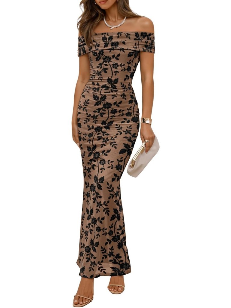 Women's Khaki Off Shoulder Floral Bodycon Ruched Elegant Formal Maxi Dress